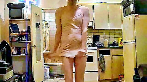 Crossdressing hubby in pink dress lifts skirt teasing saggy ass