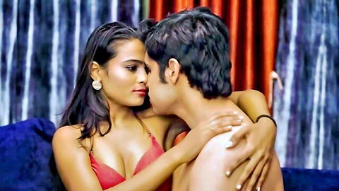 Indian couple in steamy kiss, babe in red bra with cleavage