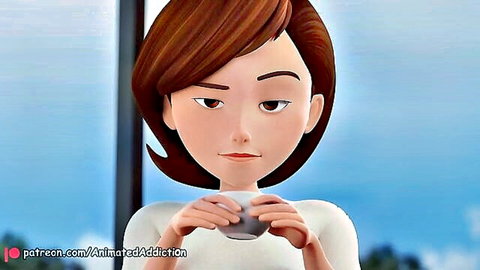 Sexy Elastigirl cartoon MILF holding white cup in tight top, brown hair closeup