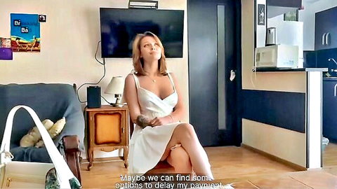 Blonde in short white dress sits seductively for kinky landlord POV