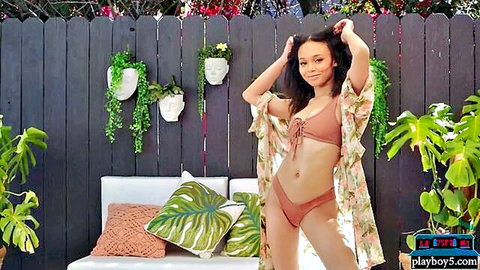 Lily Lilac poses in sexy rust bikini and kimono, flaunting her slim body for Playboy
