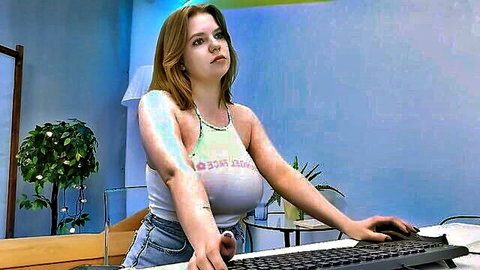 18yo blonde teen with massive tits in tube top on webcam