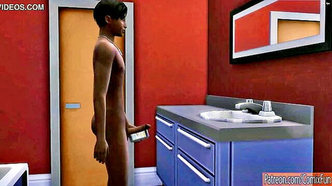 Naked Indian man standing in bathroom holding phone near groin