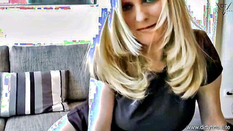 Hot blonde German MILF teasing smile in tight black top