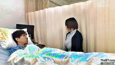 Naughty Japanese nurse in tight top stands over censored patient in hospital bed POV