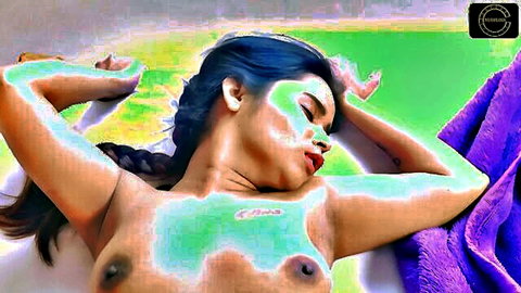 Hot Indian babe lying nude with arms raised in steamy erotic pose