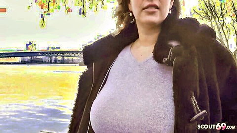 Kathy Deep big natural saggy tits in fur coat German casting tease