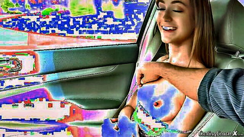 Skinny brunette teen smiles eyes closed as man gropes her small exposed tit and nipple in car
