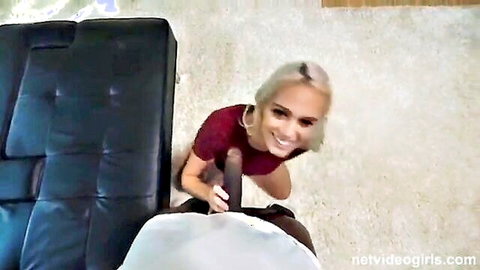 Blonde amateur smiles gripping thick BBC between her legs on casting couch