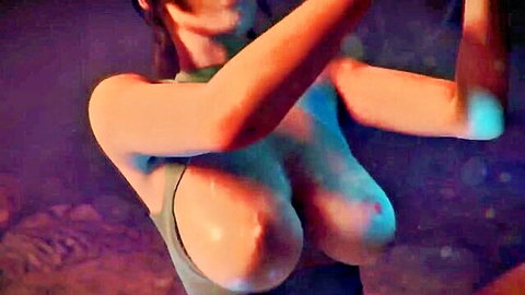 Busty hentai girl in sheer green top exposing large nipples in erotic pose