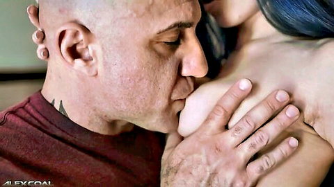 Bald older man passionately sucks blue-haired teen's big tits