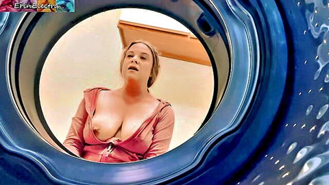 Blonde curvy stepmom with deep cleavage stuck in washing machine