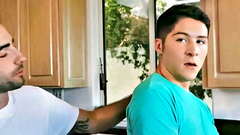 Blonde with huge tits goes wild on boyfriend's friend in kitchen