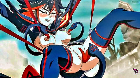 Ryuko Matoi hentai anime girl bound in red tentacles exposing huge tits and shaved pussy