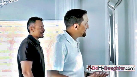 Two smiling DILFs in shirts stand in bedroom mirror for taboo daughter fuck session