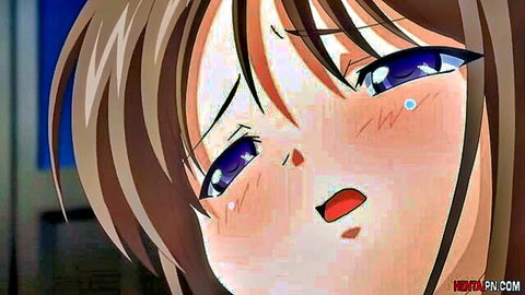 Hentai girl ahegao face with teary purple eyes, blushing cheeks and open mouth in ecstasy