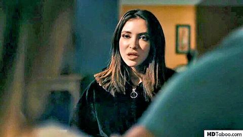Jane Wilde in intense gaze with stalker in black jacket, Pure Taboo scene