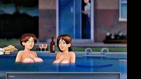 Busty stepmom Debbie topless in pool with friend, large tits exposed