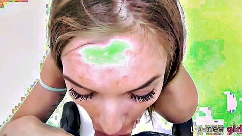 Skinny blonde cutie deepthroating newbie's skinny dick in close-up POV