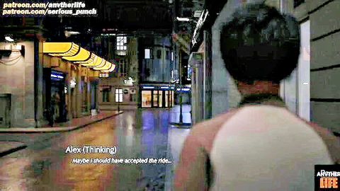 Golden Boy walking thoughtfully in dark industrial area, solo male scene