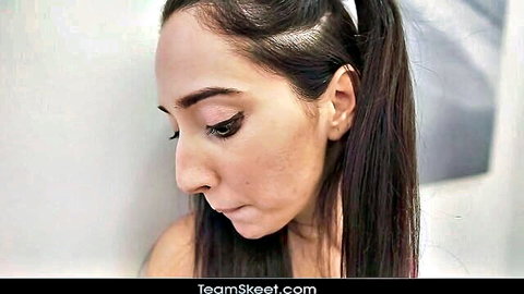 Seductive brunette with ponytail in naughty side-profile preview, bare shoulders teasing hot sex