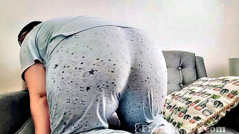 Katy Churchill bent over in tight pajama pants, showing thick MILF ass for fart fetish