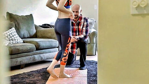 Fit redhead Pepper Hart in yoga pants and sports bra during sweaty daddy fitness session