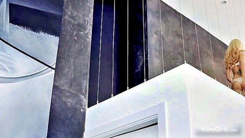Blonde Miriama Kunkelova in white bikini on balcony threesome preview
