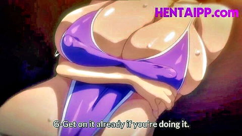 Hentai boss with massive tits in purple bikini urging action