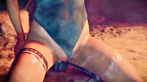 Lara Croft 3D hentai closeup of exposed wet pussy in blue bodysuit