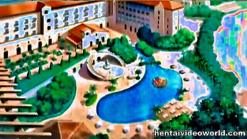 Anime hentai babe with massive tits in multi-boy gangbang at resort pool