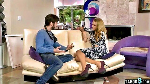 Juelz Ventura blonde skinny MILF in dress chats with son-in-law on couch