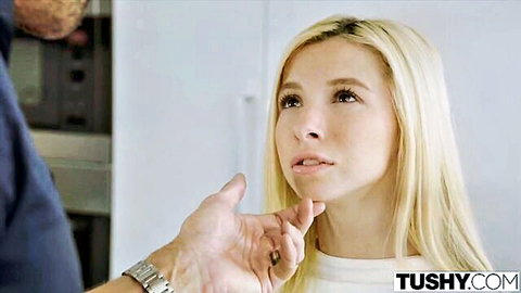 Hot blonde teen touched intimately by sexy neighbor in teasing pose