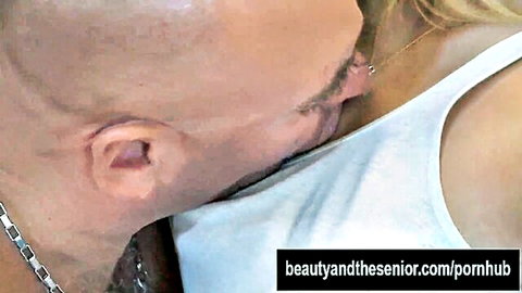 Chrissy blonde teen kissed by senior man on neck in white tank top