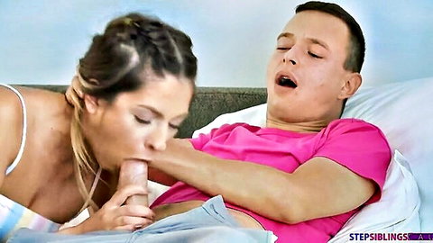 Rebecca Volpetti giving intense blowjob to stepbrother on bed