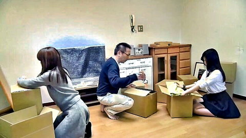 Japanese daughter-in-law and schoolgirl in teasing skirts pack boxes with man