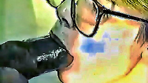 Blonde wife with glasses eagerly sucking hubby's monster cock