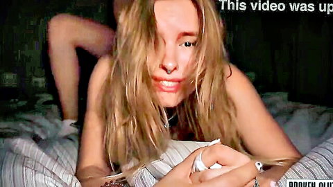 Blonde amateur babe spreads legs on bed exposing shaved creampie pussy wiping cum with tissue