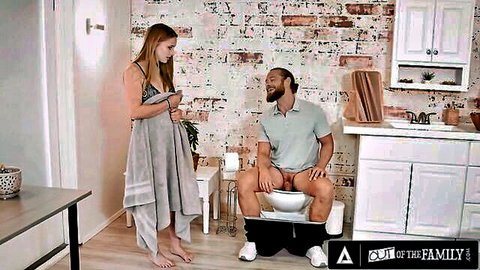 Brunette babe in towel stares at stepbrother's hard black cock exposed on toilet