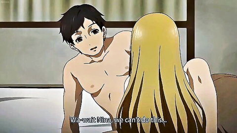 Blonde hentai babe embraced intimately by black-haired guy