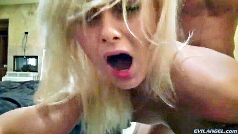 Skinny blonde babe with small tits moans mouth wide open during cowgirl sex