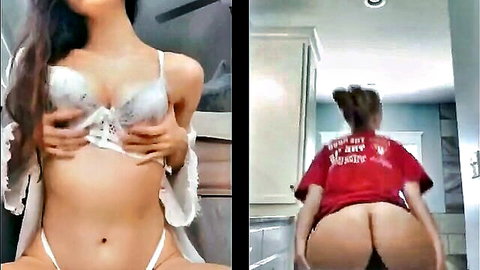 Naomi Woods in white lingerie posing with hands on huge tits