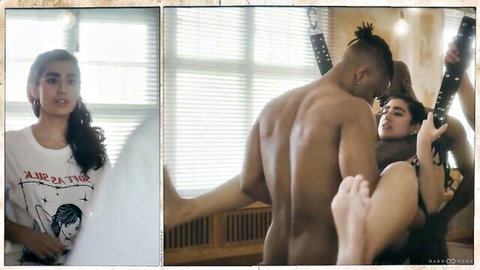 Skinny young brunettes flank muscular black bull in interracial threesome dungeon tease