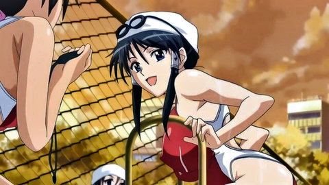 Hentai anime girls with big tits in white swimsuits on volleyball court