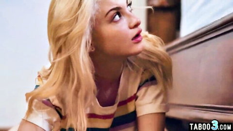 Blonde Lilly James in striped top, seductive gaze for bedtime kiss