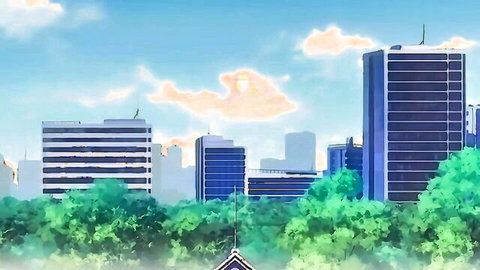 Vibrant anime cityscape with tall blue buildings, green trees, and sunset sky