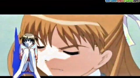 Anime orange-haired girl eyes closed in ecstasy as petite blue-haired girl leans in for intimate kiss