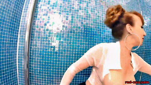 Curvy redhead MILF huge tits visible through wet see-through top in shower
