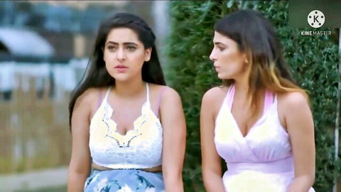 Two sexy Desi babes in revealing lace tops teasing outdoors