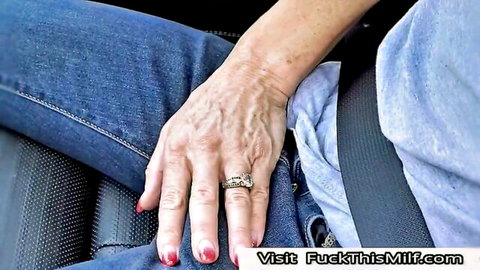 Emma Starr's veined hand with red nails and ring in jeans, MILF office tease